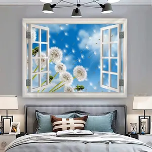 Tapiz de pared 3D con vista a ventana de cielo azul y dientes de león para hogar