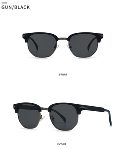 Macro front and side views of square semi-rimless sunglasses in gunmetal black finish