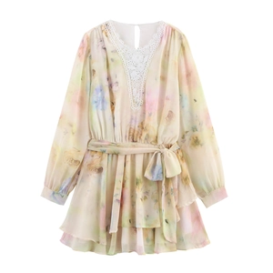Vestito Mini In Chiffon A Fiori Da Donna Con Inserti In Pizzo Scollo A V Vita Annodata Maniche A Lanterna