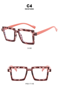 Detail of square tortoiseshell frame with pink temples and tiered design details