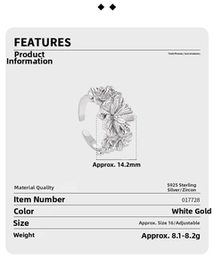 Detail showing S925 sterling silver floral ring specifications and weight information