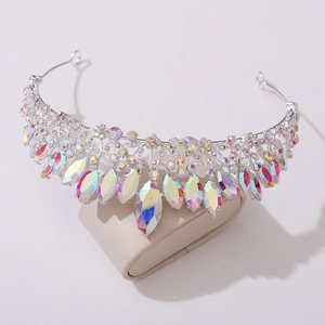 Close-up of silver crown featuring marquise AB crystals and delicate round rhinestones