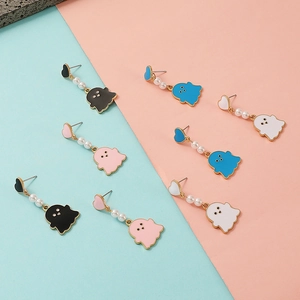 Close-up of colorful ghost earrings with enamel finish and pearl accents in four colors