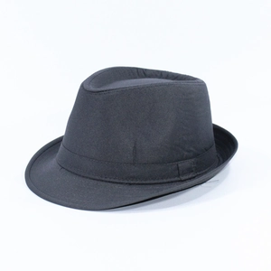Classic dark grey fedora panama hat with indented crown and matching ribbon trim