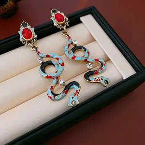 Snake Dangle Earrings With Alloy Enamel Rhinestone And Silver Earring Post Retro Vintage Style Jewelry For Women