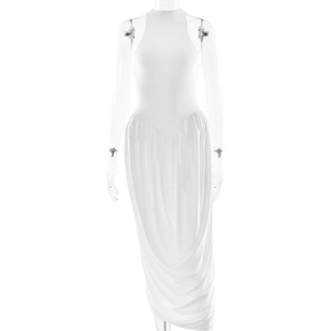 Elegant white sleeveless halter dress with ruched slit and slim fit silhouette