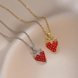 Fashion Strawberry Pendant Necklace Stainless Steel Red Enamel Zircon Inlaid Sweet Style Jewelry For Women