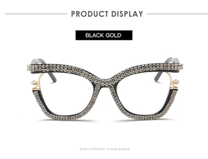 Detailed close-up of cat-eye frames featuring inlaid rhinestones and decorative pearls