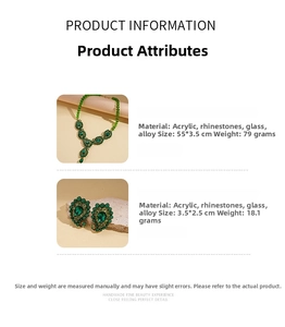 Detailed size and weight specs for green acrylic rhinestone necklace and earrings