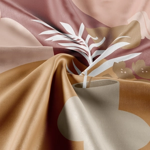 Close-up of silky bohemian tapestry fabric featuring abstract floral and geometric prints