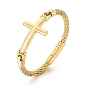 Men's retro gold stainless steel cross bangle with vintage twisted wire cable design
