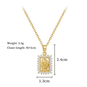 Detailed view of portrait pendant necklace with crystal inlay and specific dimensions