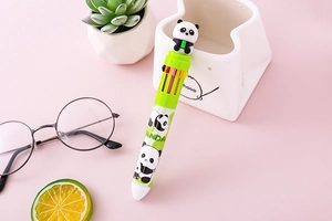 Cute panda 10-color ballpoint pen in green barrel shown in a white desktop organizer