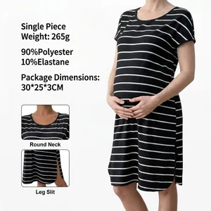 Maternity Dress Striped Short Sleeve Crew Neck Side Slit Bodycon Polyester Spandex Rib Knit For Pregnant Women