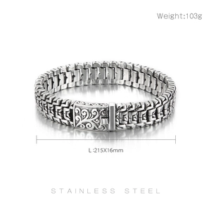 Detail of vintage stainless steel men's bracelet with engraved clasp and size parameters