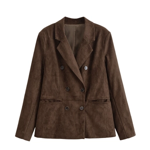 Women's dark coffee brown faux suede double breasted blazer with classic notched lapels