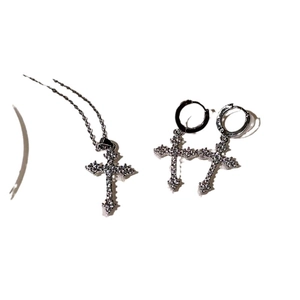 Exquisite silver cross necklace and earrings set with shimmering zircon inlays