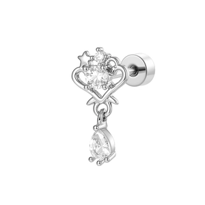 Exquisite hollow heart and drop crystal ear cartilage stud in polished silver finish