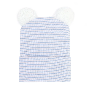Dettagli del cappello in maglia a righe per neonati con due pompon bianchi morbidi