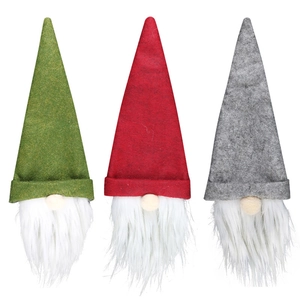 Three Christmas gnome wine bottle covers in red, green, and gray with white faux fur beards