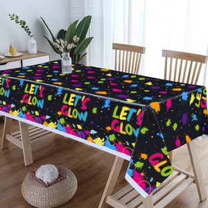Neon glow party tablecloth with Let's Glow splatter patterns for birthday celebrations