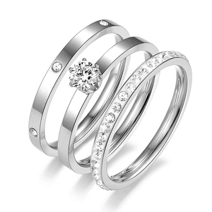 Three-piece titanium steel ring set with cubic zirconia stones in silver finish