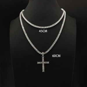 Silver tennis chain necklace set with cross pendant shown in 45cm and 60cm lengths