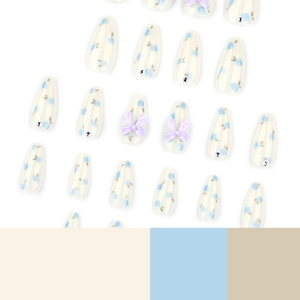 Minimalist long almond blueberry press-on nails with purple bows and blue floral patterns