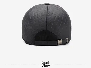 Rear view of quilted winter baseball cap featuring metal buckle and windproof texture