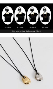 Size guide for gold bean pendant necklace showing different cord lengths on male model