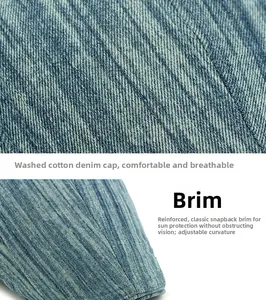 Détail macro du tissu denim rayé respirant et de la visière renforcée de la casquette
