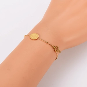 Gold stainless steel chain bracelet with religious oval relief and hollow cross pendant