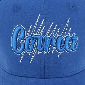 Close-up of royal blue cotton baseball cap with detailed Correct 3D embroidery