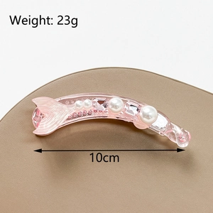 Pink fishtail banana clip with rhinestones and pearls for thick hair, 10cm length
