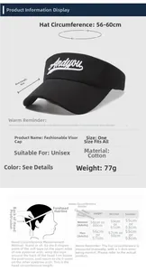 Size guide for cotton sun visor hat showing 8cm brim and adjustable 56-60cm circumference