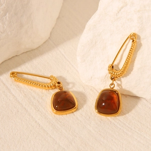 French vintage 18k gold stainless steel safety pin earrings with amber stone pendants