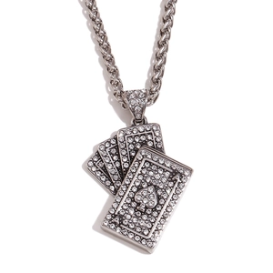 Silver poker card pendant necklace with iced out crystals and twisted rope chain for men