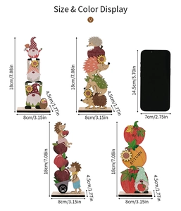 Size display of four wooden Thanksgiving gnomes and autumn ornaments with dimensions
