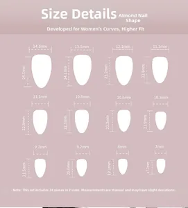 Tableau des tailles pour faux ongles amande courts avec 12 dimensions de largeur
