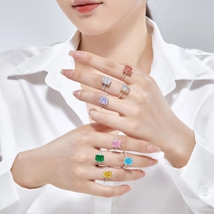 Showcase of seven S925 sterling silver rings with colorful square ice flower cut zircons