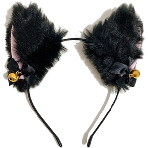 Plush cat ear headband with pink inner fur, black ribbon bows, and golden bells