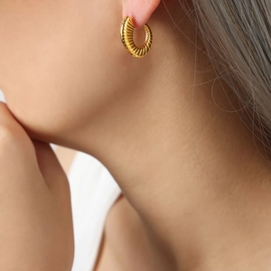 Ins style geometric gold C-shaped hoop earrings with mesh texture for women