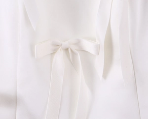 Detailed view of white satin fabric texture and elegant bow knot on the halter neck top