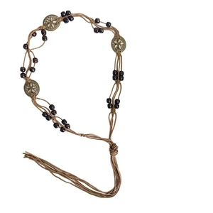 Handmade woven bohemian waist belt with brown wooden beads and floral metal disks