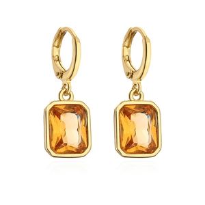 Elegant 18K gold plated hoop earrings featuring rectangular amber zircon pendants