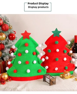 Green and red Christmas tree shaped felt party hats with colorful pom poms and stars