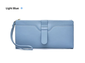 Light blue long wallet detail showcasing wrist strap and snap button closure design.