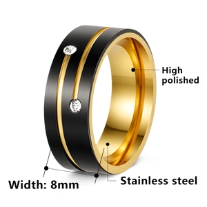 Two-tone 8mm stainless steel ring with black brushed finish and gold inner polished band
