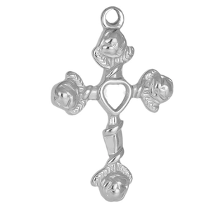 Polished 304 stainless steel cross pendant with relief roses and hollow heart detail