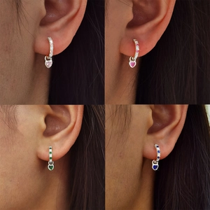 S925 sterling silver heart earrings set with colorful zircon stones in four vivid colors